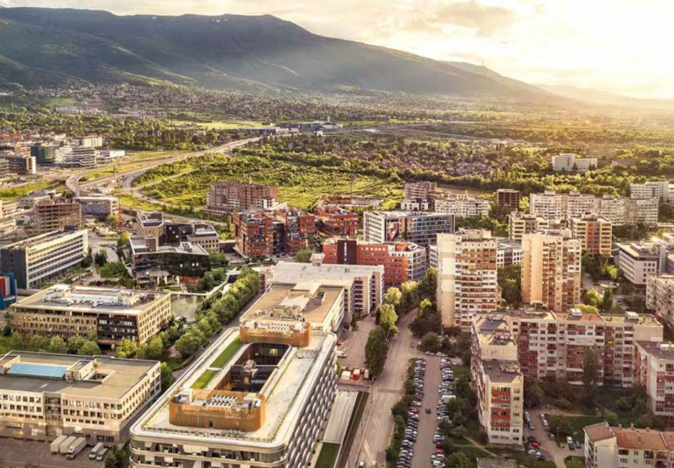 BP sofia1 - Custom Insurance Software Development Company 24 Aerial view of Sofia’s business district with Vitosha mountain in the background, insurance software development company