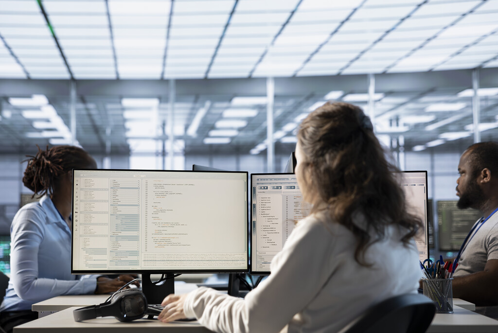 technician inspecting software - Boarding Pass Scanner Software 10 agent looking at boarding pass scanner software integrated on screens